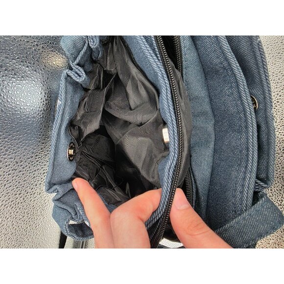 Floral Embroidered Denim Handbag With Zipper Closure & Matching Wallet Set - Picture 10 of 16